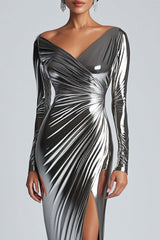 Ruched Sheath Silver Metallic Satin Formal Dress With Slit