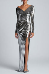 Ruched Sheath Silver Metallic Satin Formal Dress With Slit