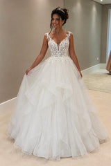 Ruffled Tulle A Line Wedding Dress with 3D Floral Straps