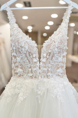 Ruffled Tulle A Line Wedding Dress with 3D Floral Straps