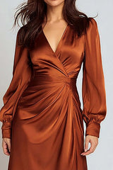 Dressystars Rust Satin A-Line V-Neck Ruched Midi Prom Dress With Sleeves