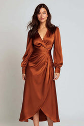 Dressystars Rust Satin A-Line V-Neck Ruched Midi Prom Dress With Sleeves