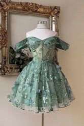 Sage Green Off-Shoulder Corset Homecoming Dress with 3D Flowers & Sequin Tulle