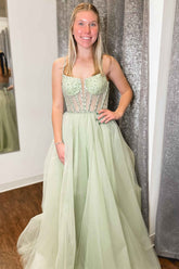 Sage Green Prom Dress Straps Sequin Beaded A Line Tulle Evening Dress