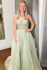Sage Green Prom Dress Straps Sequin Beaded A Line Tulle Evening Dress