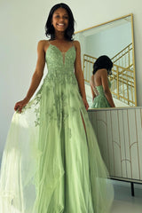Sage Green Prom Dress V Neck Tulle A Line Long with Appliques Evening Dress