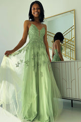 Sage Green Prom Dress V Neck Tulle A Line Long with Appliques Evening Dress