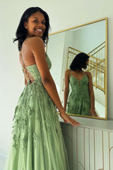 Sage Green Prom Dress V Neck Tulle A Line Long with Appliques Evening Dress