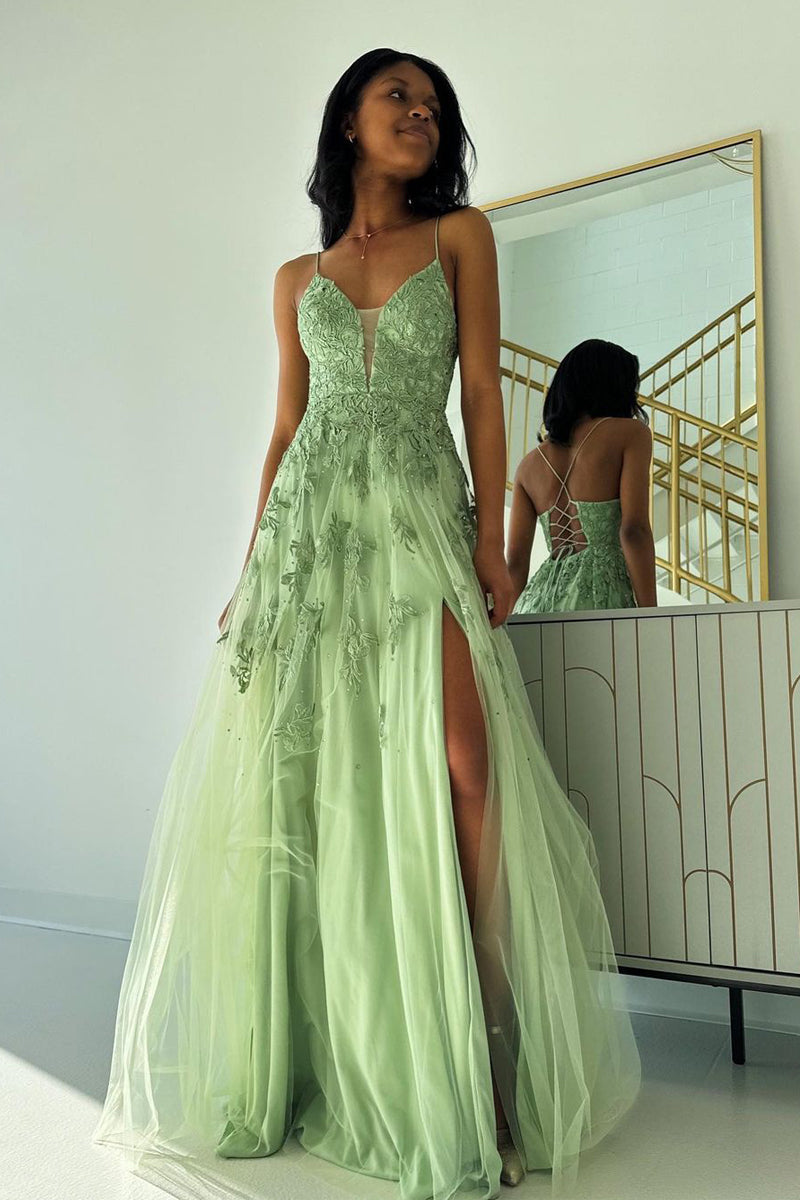 Sage Green Prom Dress V Neck Tulle A Line Long with Appliques Evening Dress