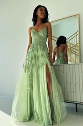 Sage Green Prom Dress V Neck Tulle A Line Long with Appliques Evening Dress