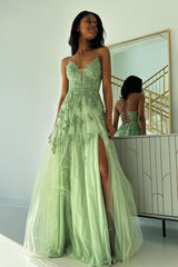 Sage Green Prom Dress V Neck Tulle A Line Long with Appliques Evening Dress
