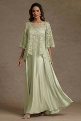 Sage Green Satin A Line Mother of the Bride Dress with Lace Jacket