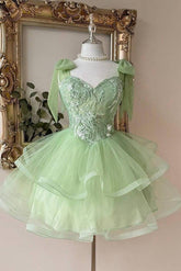 Sage Green Sweetheart Lace Corset Homecoming Dress with Bow Straps & Tiered Tulle Skirt