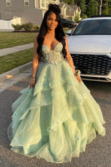 Sage Prom Dress Floral Tiered Ruffles A-Line Sweetheart Corset Long Formal Dress