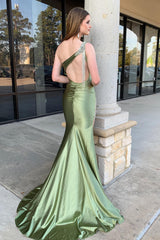 Sage Prom Dress One Shoulder Mermaid Evening Dress with Slit