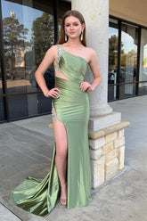 Sage Prom Dress One Shoulder Mermaid Evening Dress with Slit