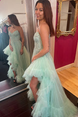 Sage Prom Dress Ruffled Tulle Long Evening Dress with Slit