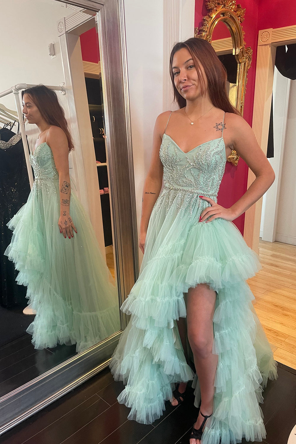 Sage Prom Dress Ruffled Tulle Long Evening Dress with Slit