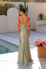 Sage Green Prom Dress Mermaid Beaded Sleeveless Satin Formal Dress