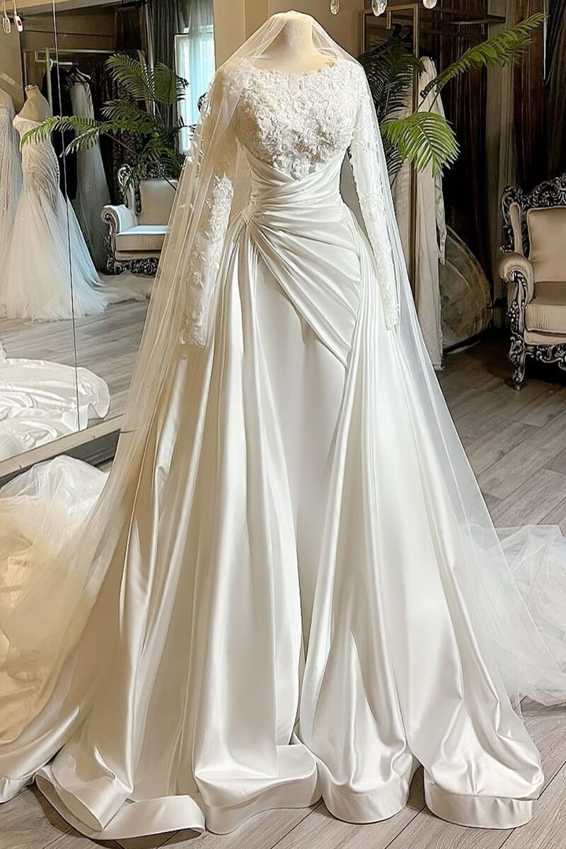 Satin A-Line Wedding Dress with Scoop Neck and Cathedral Train