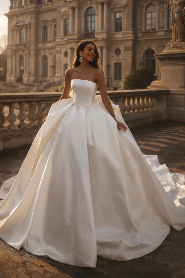 Satin Ball Gown Wedding Dress with Back Bow and Cathedral Train