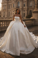 Satin Ball Gown Wedding Dress with Back Bow and Cathedral Train