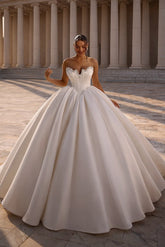 Satin Ball Gown Wedding Dress with Corset Bodice and Rhinestone Neckline