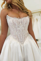 Satin Ball Gown Wedding Dress with Pearl Corset Bodice and Open Back