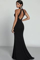 Dressystars Satin Black Wedding Guest Dress Mermaid Halter Neck Formal Dress