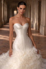 Satin Mermaid Wedding Dress with Corset Bodice and Ruffled Organza Train