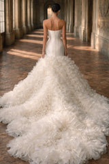 Satin Mermaid Wedding Dress with Corset Bodice and Ruffled Organza Train