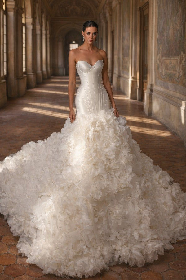 Satin Mermaid Wedding Dress with Corset Bodice and Ruffled Organza Train