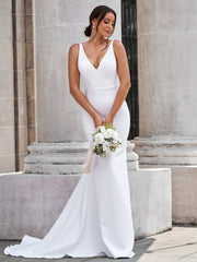 Satin Mermaid Wedding Dress with V-Neck and Lace Appliques