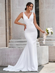 Satin Mermaid Wedding Dress with V-Neck and Lace Appliques