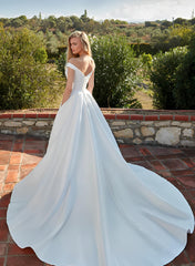 Satin Off the Shoulder Ball Gown Boho Wedding Dress