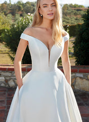Satin Off the Shoulder Ball Gown Boho Wedding Dress