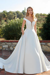 Satin Off the Shoulder Ball Gown Boho Wedding Dress