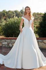 Satin Off the Shoulder Ball Gown Boho Wedding Dress