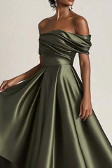 Satin Olive Wedding Guest Dress A-Line Off The Shoulder Ruched Ankle Length Formal Dress