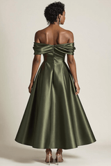 Dressystars Satin Olive Wedding Guest Dress A-Line Off The Shoulder Ruched Ankle Length Formal Dress