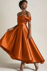 Dressystars Satin Olive Wedding Guest Dress A-Line Off The Shoulder Ruched Ankle Length Formal Dress