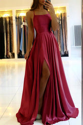 Satin Prom Dress A Line Spaghetti Straps Wedding Guest Dress with Slit