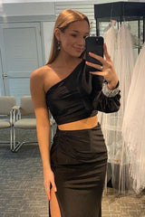 Satin Prom Dress Mermaid One Shoulder Two Piece Black Long Evening Dress