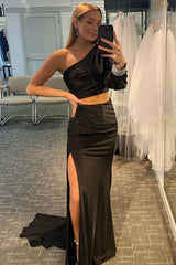 Satin Prom Dress Mermaid One Shoulder Two Piece Black Long Evening Dress
