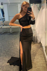 Satin Prom Dress Mermaid One Shoulder Two Piece Black Long Evening Dress