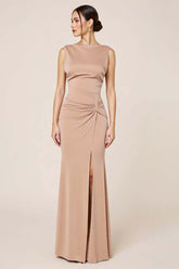 Satin Prom Dress Sheath Boat Neck Long Formal Dress With Slit