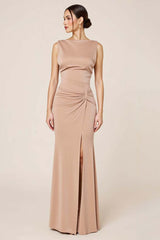 Satin Prom Dress Sheath Boat Neck Long Formal Dress With Slit
