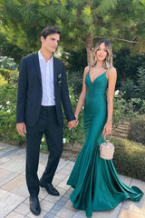 Satin Prom Dress V Neck Mermaid Green Long Evening Gown Evening Dress