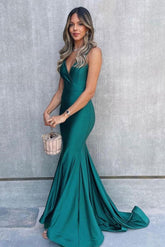 Satin Prom Dress V Neck Mermaid Green Long Evening Gown Evening Dress