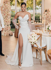Satin Wedding Dress With Split Front Sheath Sleeveless Sweep Train